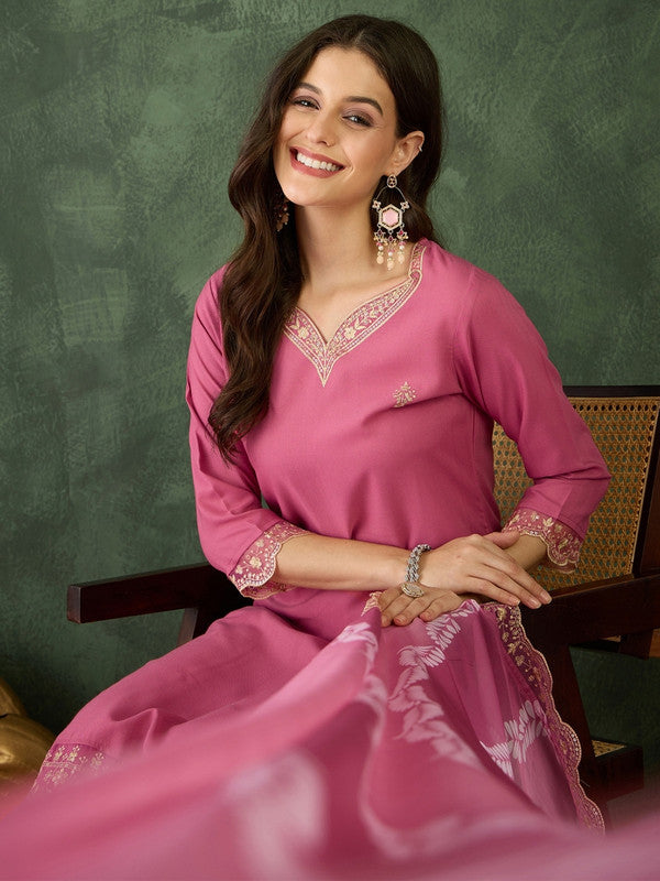WomenPink Chanderi Silk Embroidery Round Neck Kurta Sets