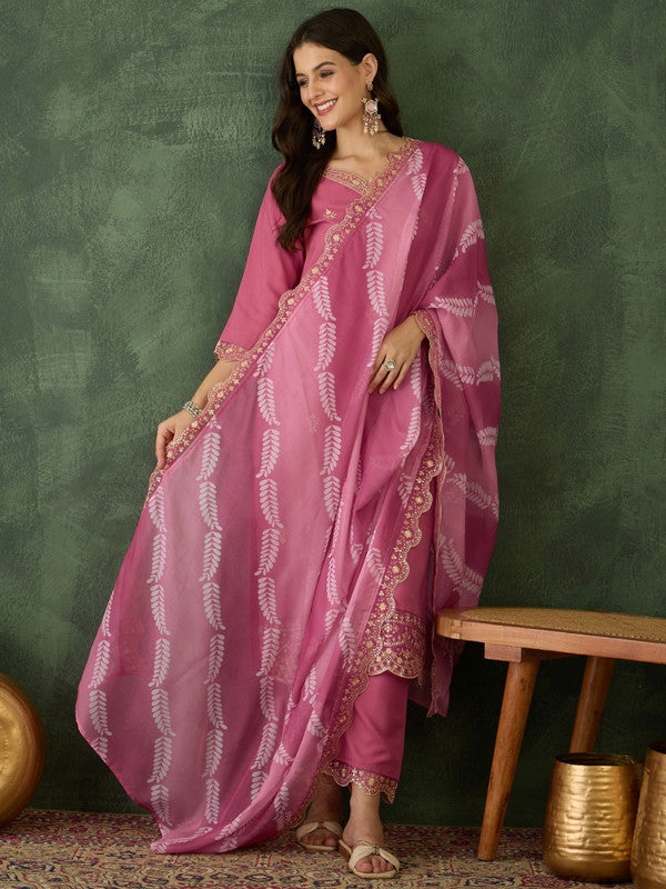 WomenPink Chanderi Silk Embroidery Round Neck Kurta Sets