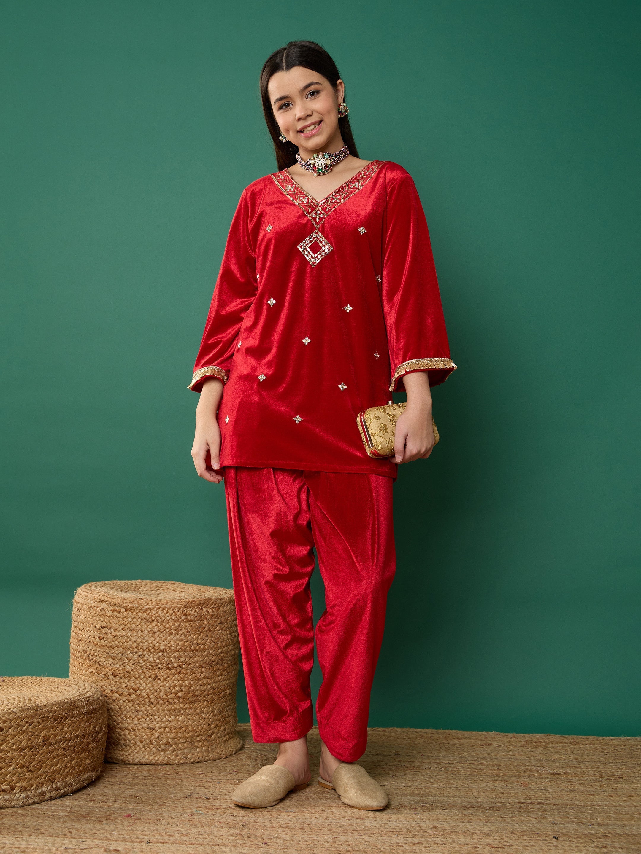 Girl Red Velvet Salwar Pants