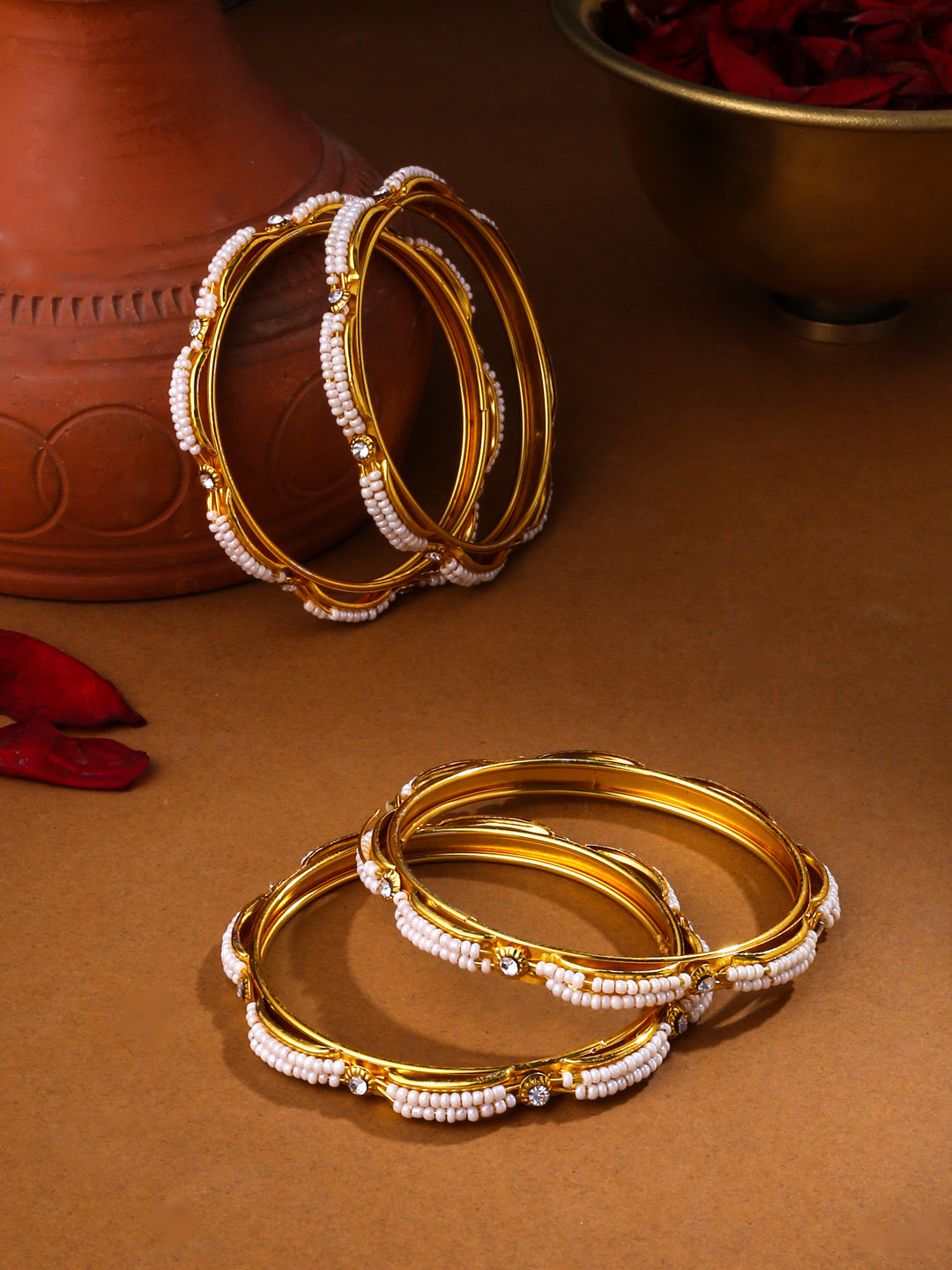 Women's Set Of 4 Gold-Plated Traditional Pearls Beaded Bangles