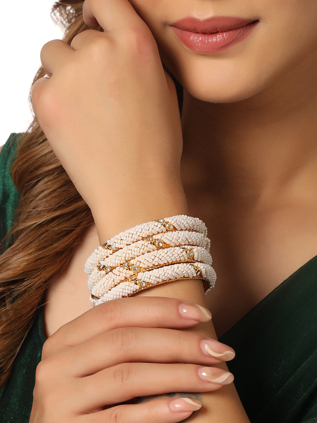 Women Set Of 2 Gold-Plated Traditional Pearls Beaded Bangles