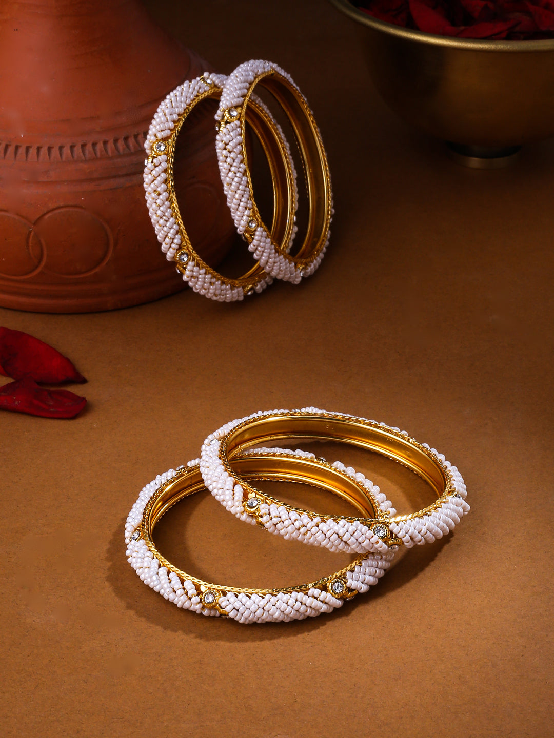 Women Set Of 2 Gold-Plated Traditional Pearls Beaded Bangles