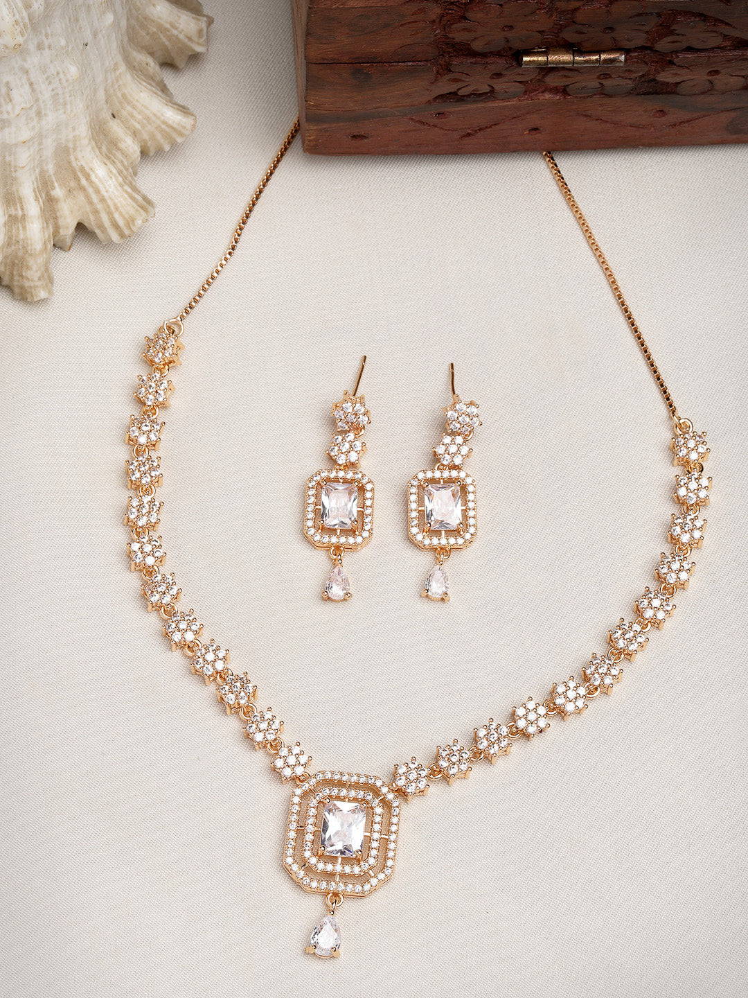 Women Gold-Plated American Diamond Studded Handcrafted Jewellery Set