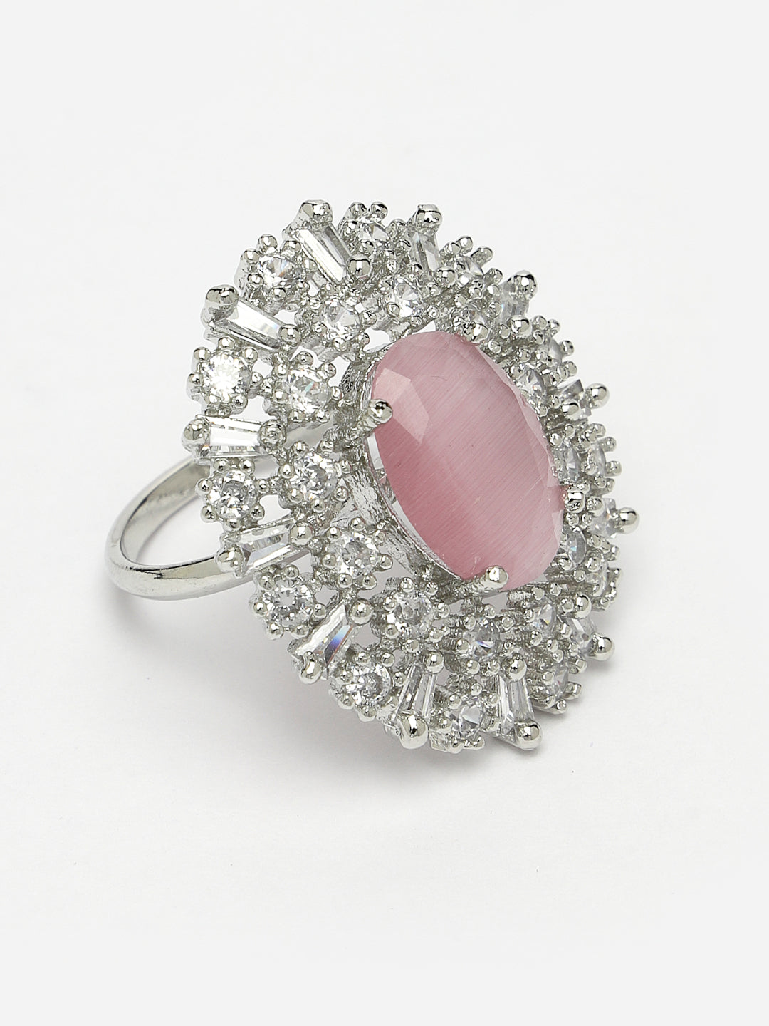 Women Pink & Silver CZ-Studded Handcrafted Adjustable Finger Ring