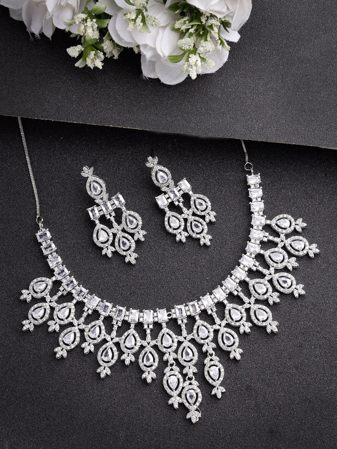 Women Silver-Plated Cubic Zirconia Studded Handcrafted Jewellery Set