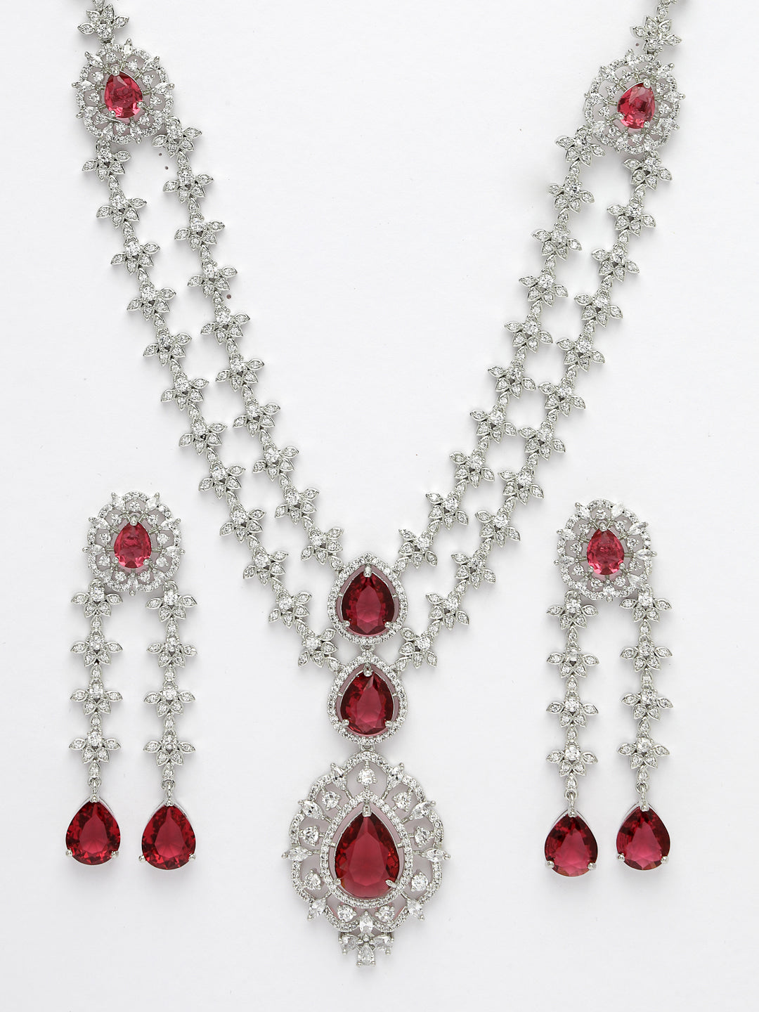Women Silver-Plated Red CZ-Studded Handcrafted Jewellery Set