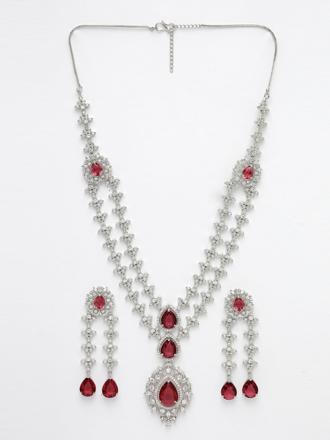 Women Silver-Plated Red CZ-Studded Handcrafted Jewellery Set