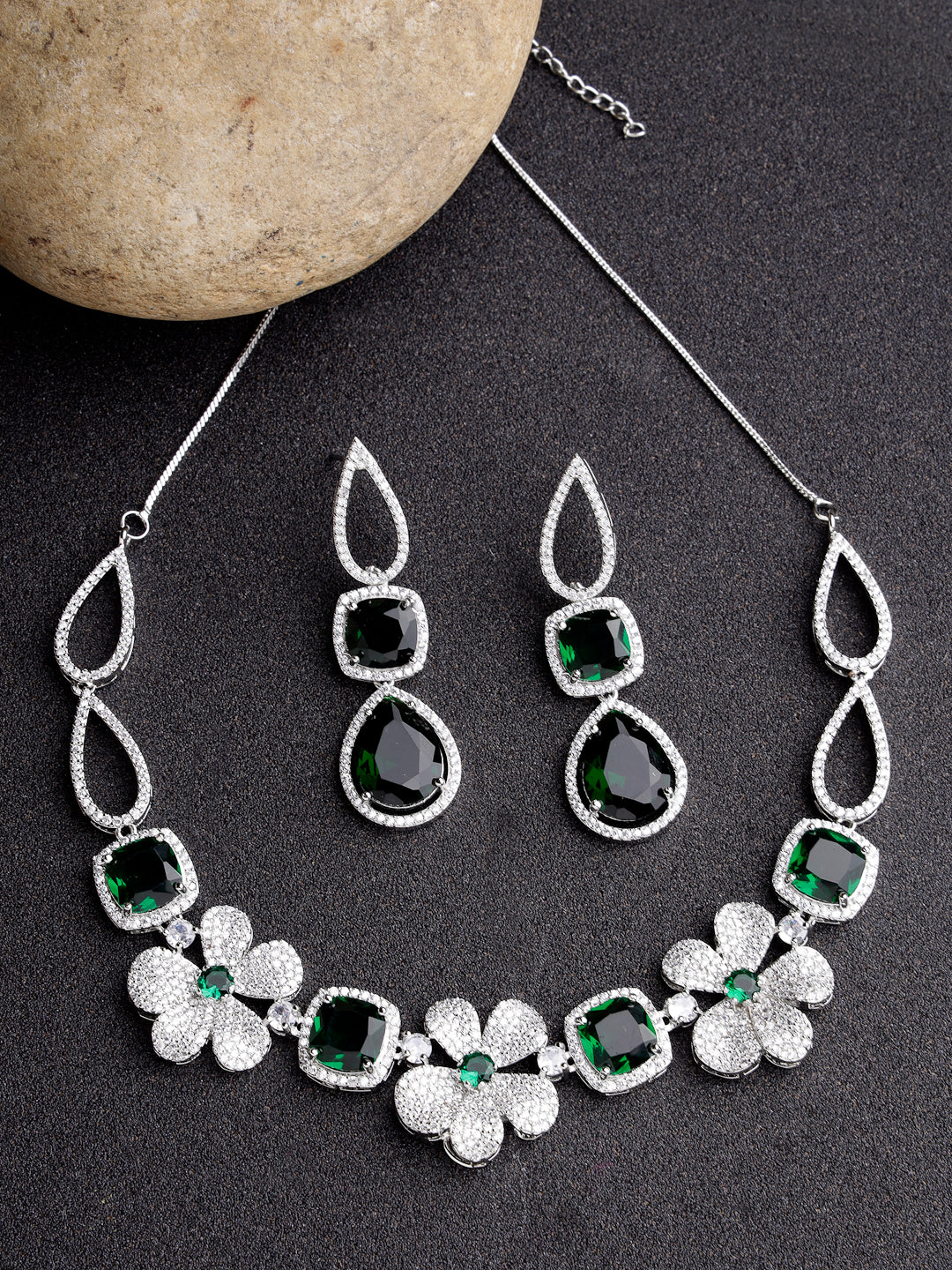 Women Green & Silver-Plated American Diamond Handcrafted Jewellery Set