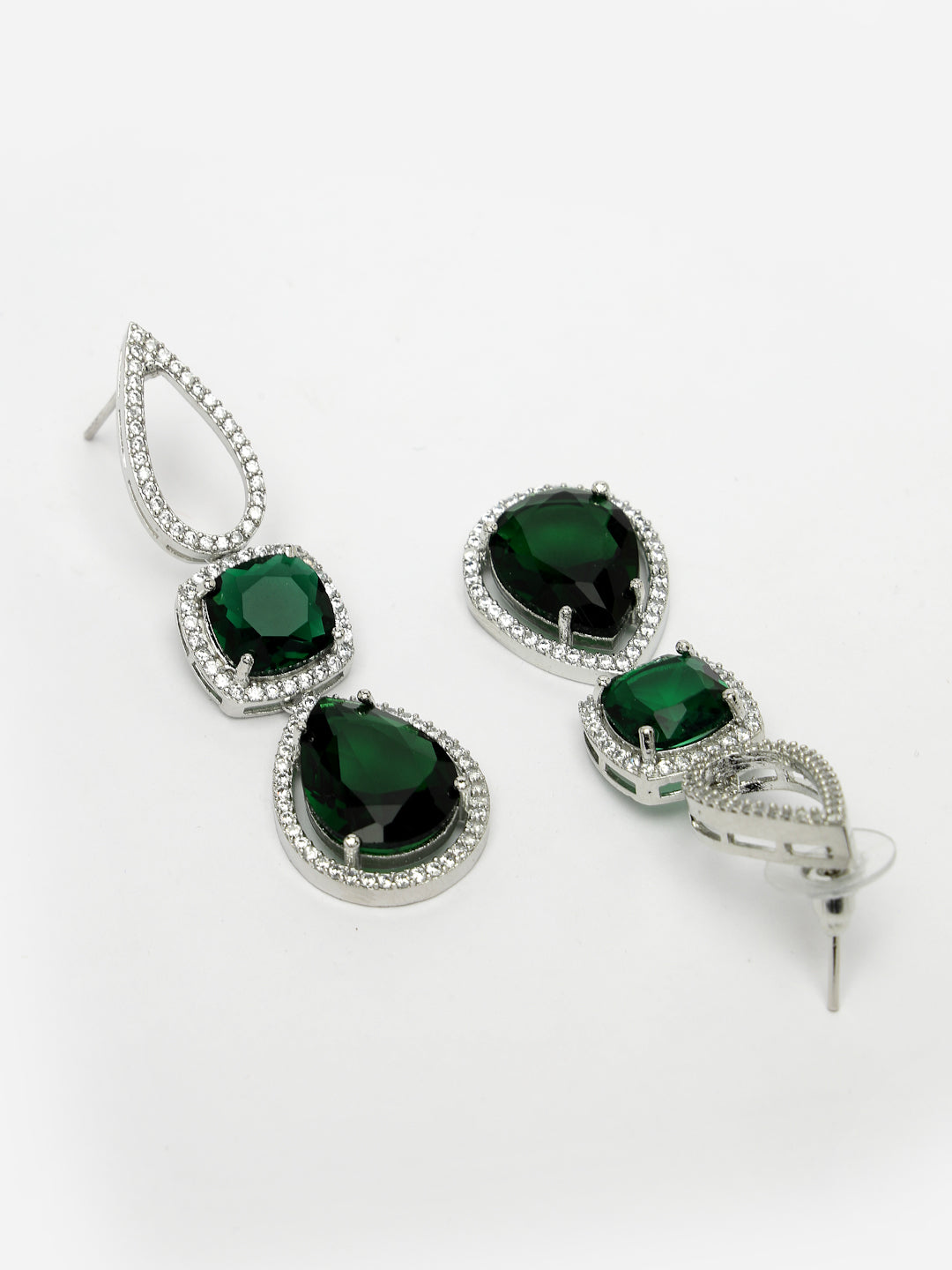 Women Green & Silver-Plated American Diamond Handcrafted Jewellery Set