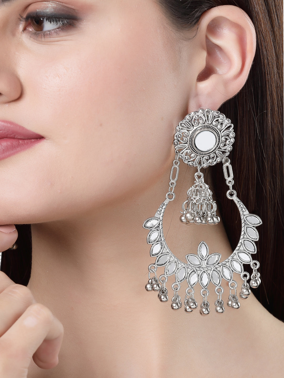 Women Silver-Plated Mirror Work Oxidised Chandbali Earrings