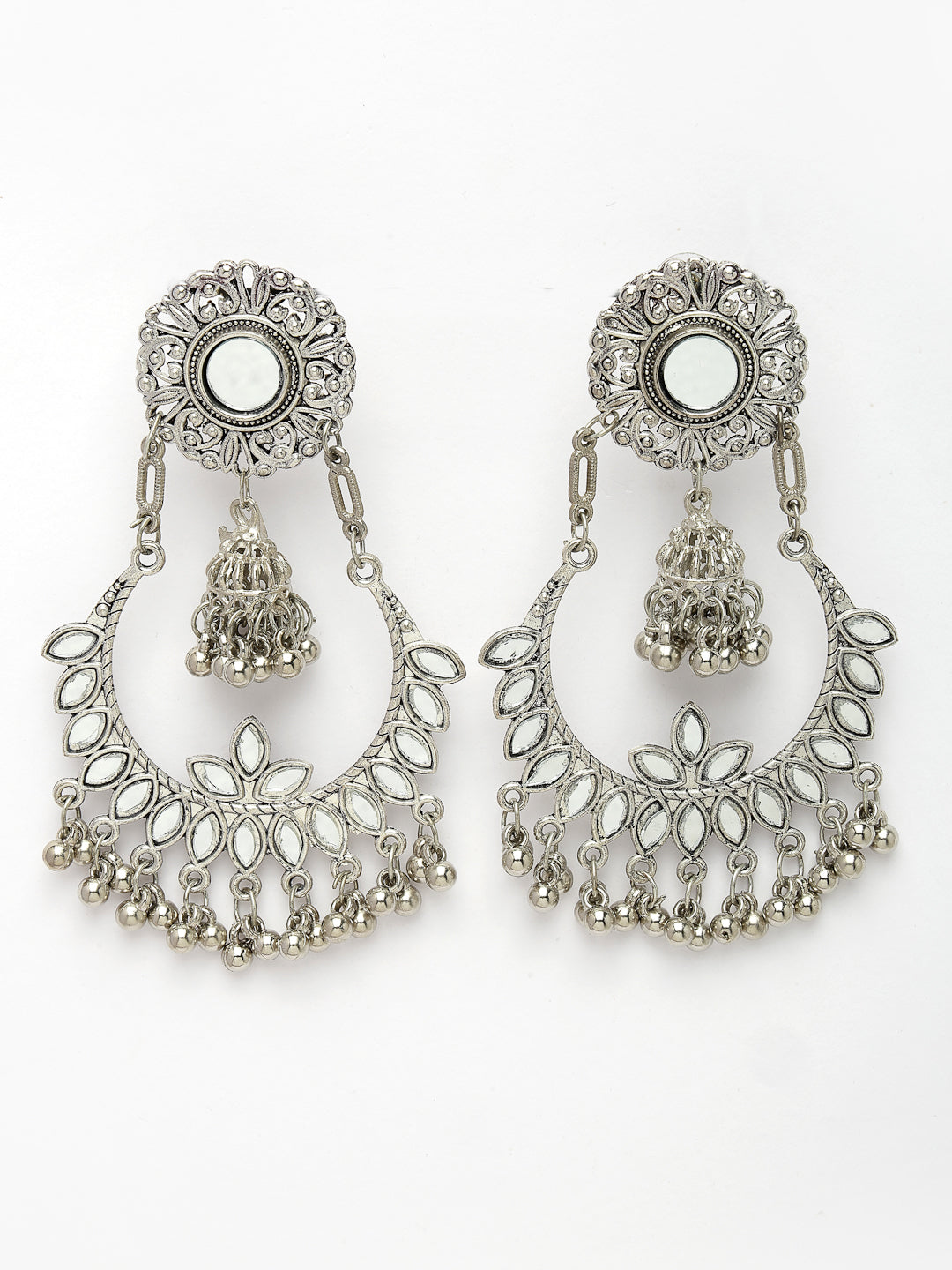 Women Silver-Plated Mirror Work Oxidised Chandbali Earrings