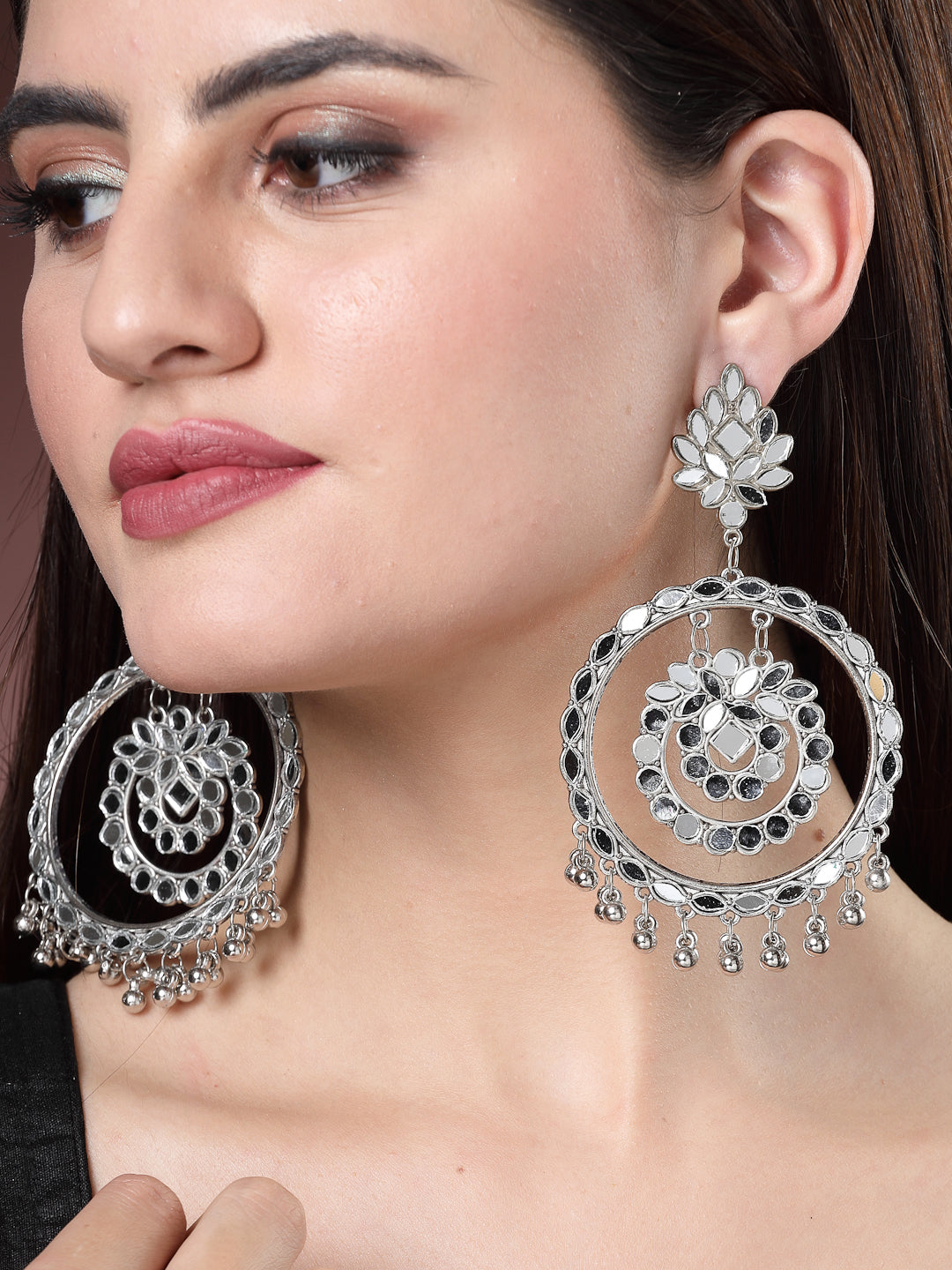 Women Silver-Toned Mirror Work Oxidised Contemporary Drop Earrings