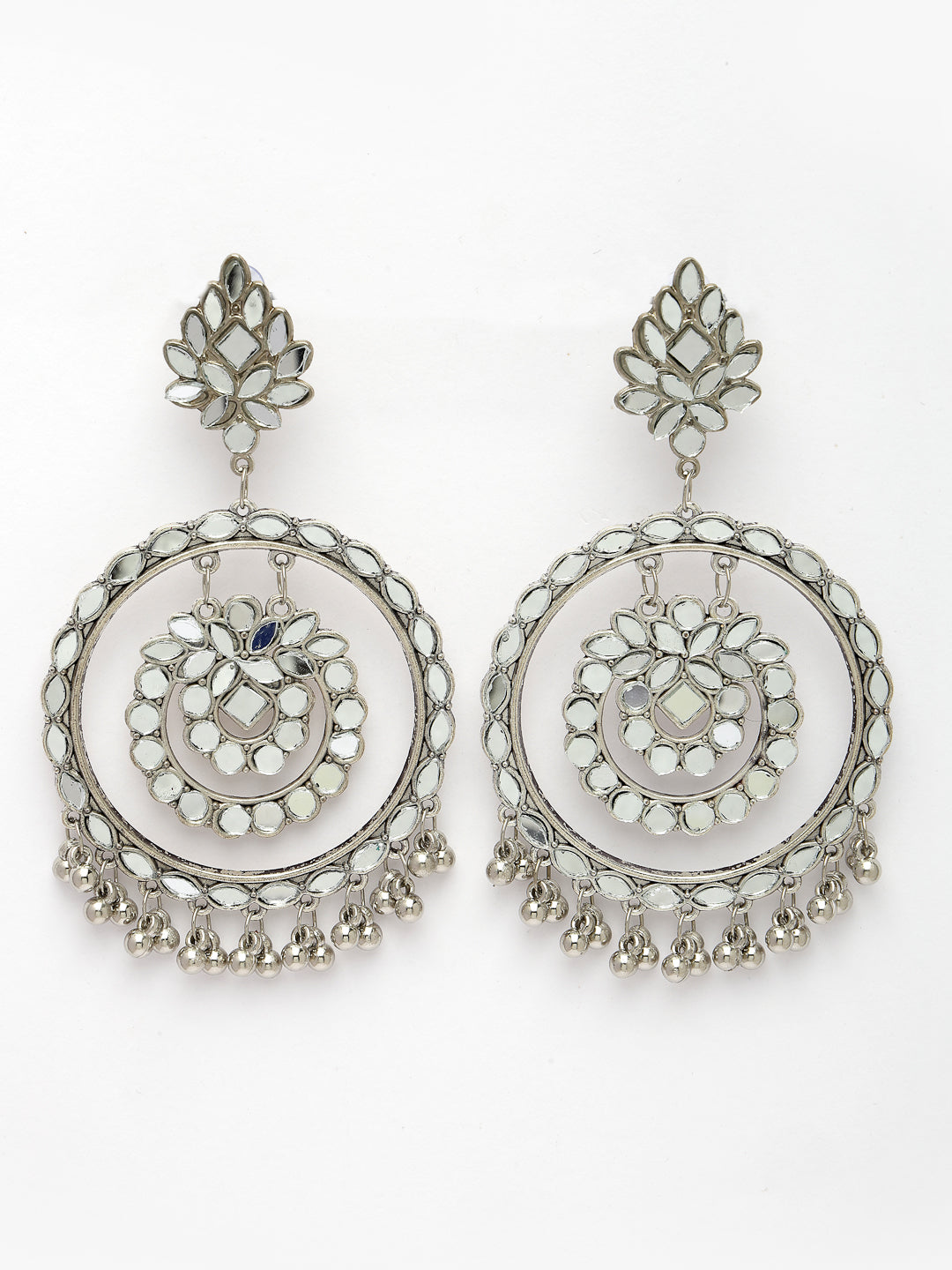 Women Silver-Toned Mirror Work Oxidised Contemporary Drop Earrings