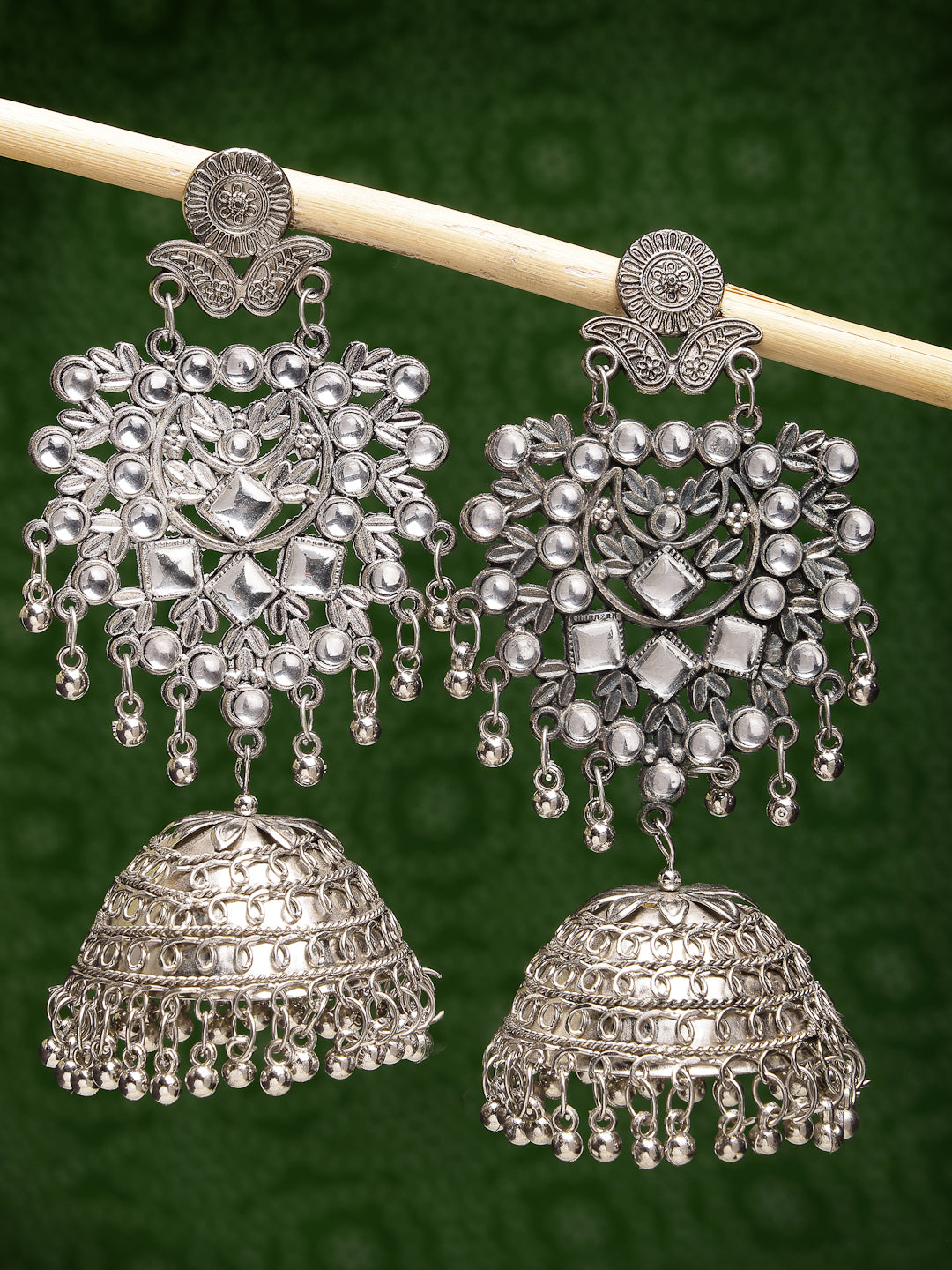 Women Silver-Plated Oxidised Artificial Stones Dome Shaped Jhumka Earrings