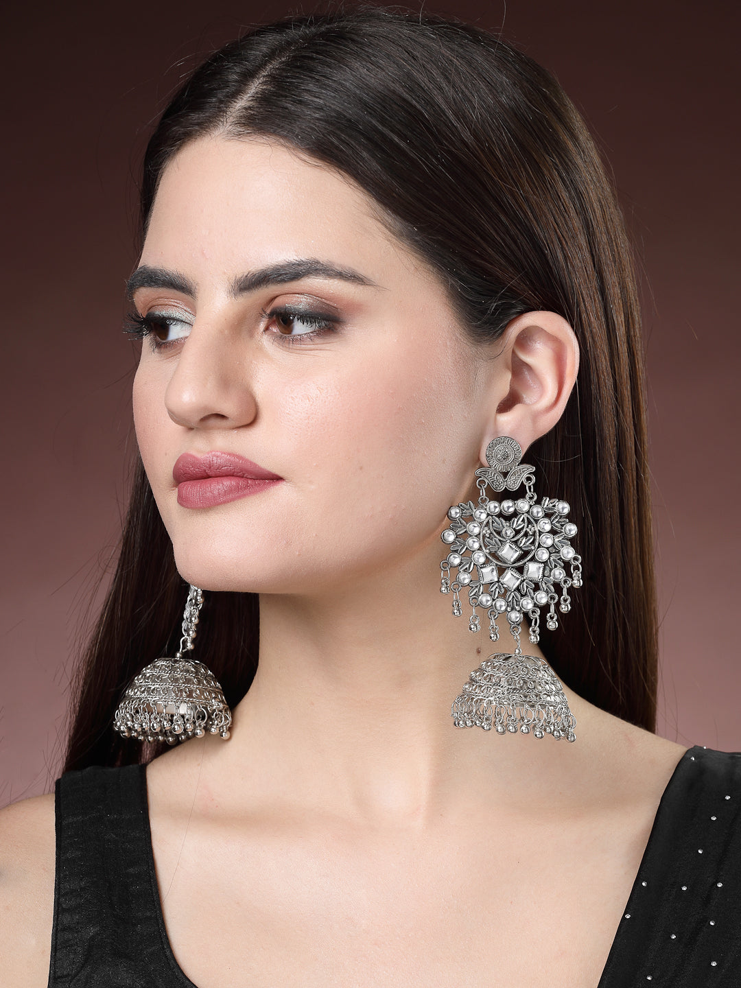 Women Silver-Plated Oxidised Artificial Stones Dome Shaped Jhumka Earrings