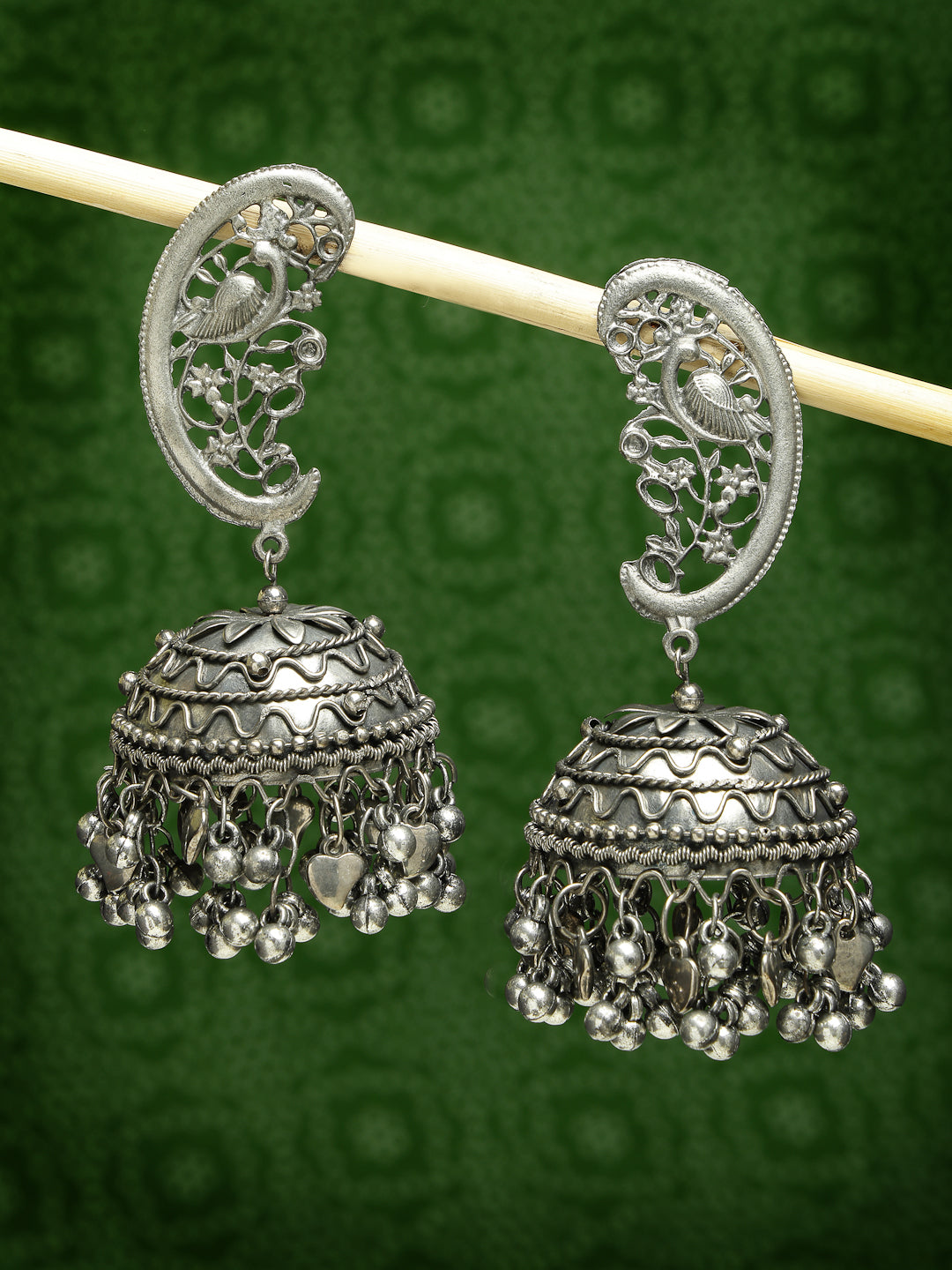 Women Silver-Plated Oxidised Dome Shaped Jhumka Earrings