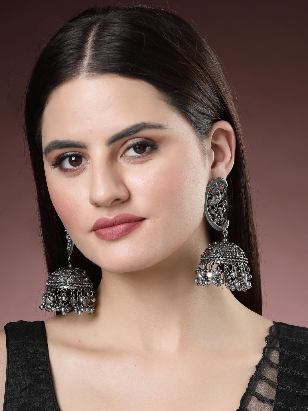 Women Silver-Plated Oxidised Dome Shaped Jhumka Earrings