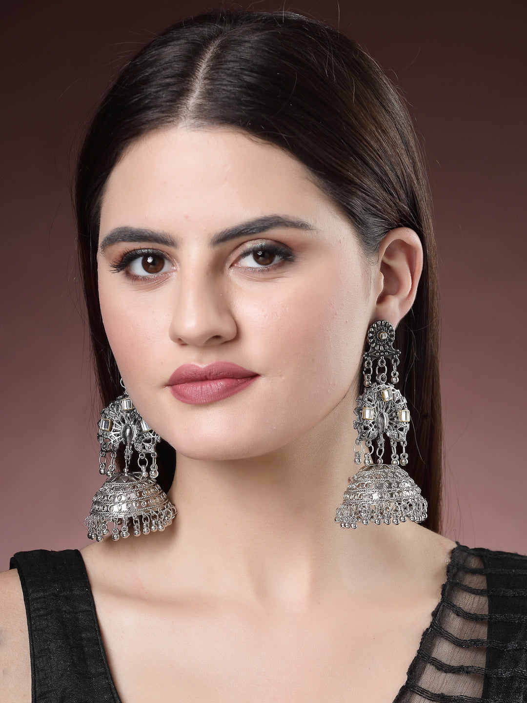 Women Silver Plated Mirror Work Oxidised Contemporary Jhumka Earrings
