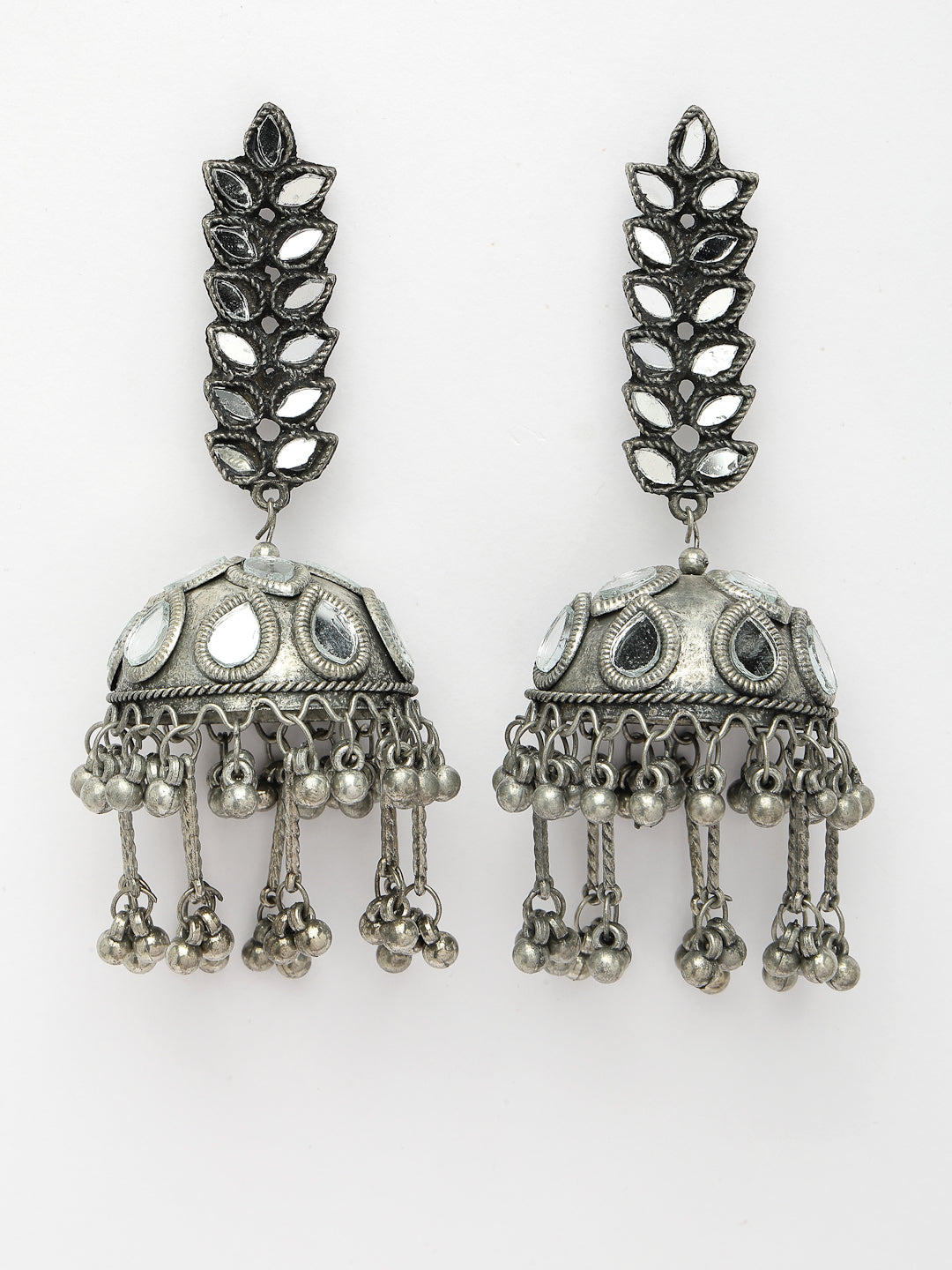 Women Silver Plated Mirror Work Oxidised Contemporary Jhumka Earrings