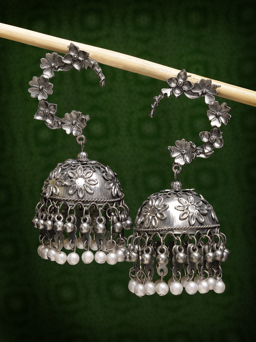 Women Silver Plated Pearl Beaded Oxidised Contemporary Jhumka Earrings