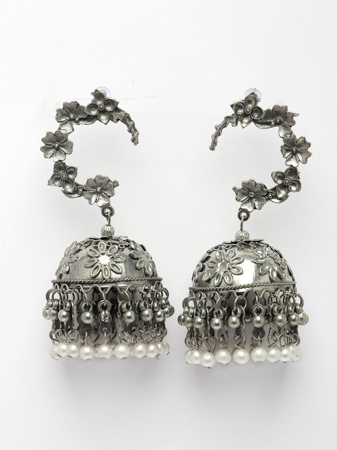 Women Silver Plated Pearl Beaded Oxidised Contemporary Jhumka Earrings