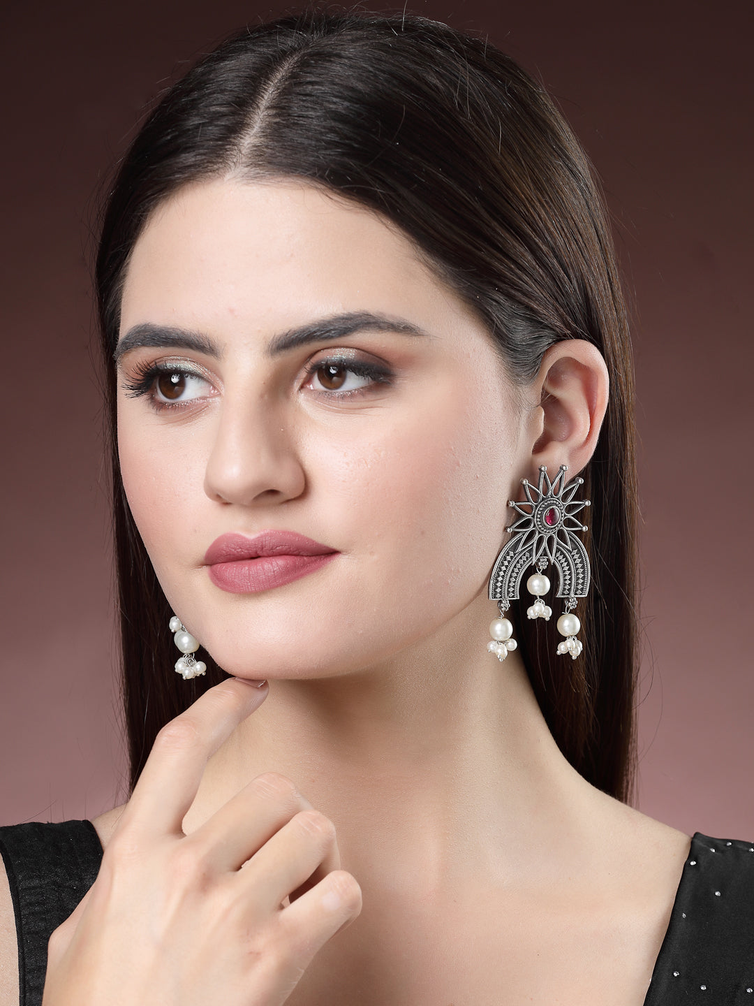 Women Floral Silver-Plated Artificial Stones and Beads Drop Earrings
