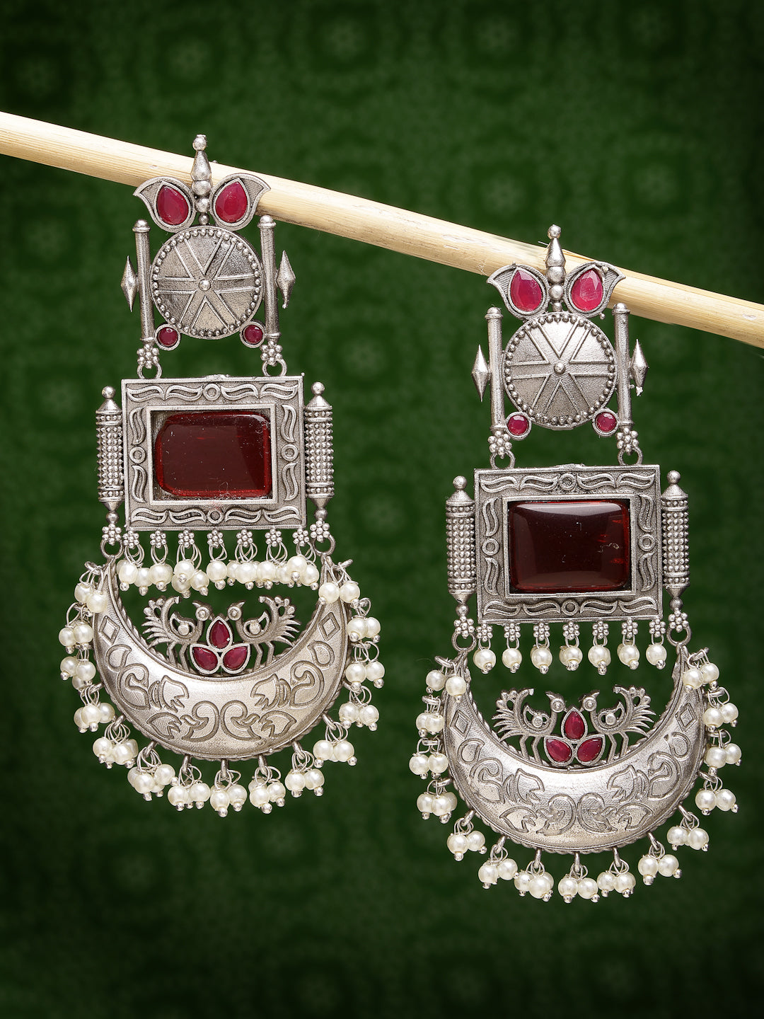 Women Silver-Plated Artificial Stones and Beads Chandbali Earrings