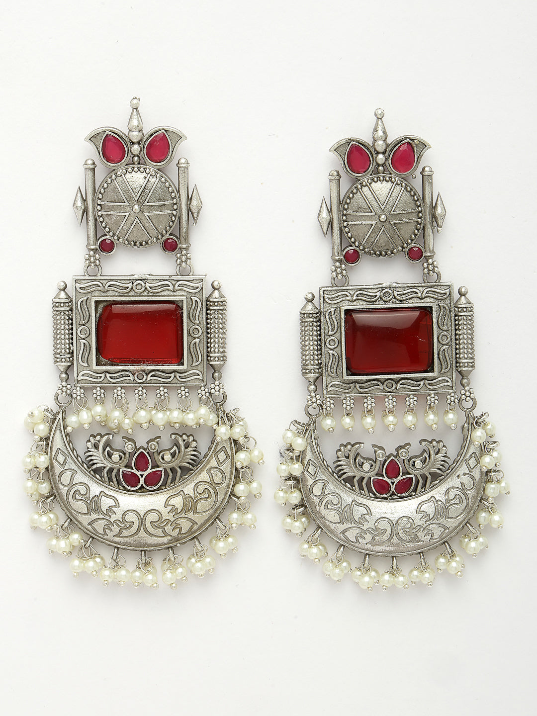 Women Silver-Plated Artificial Stones and Beads Chandbali Earrings