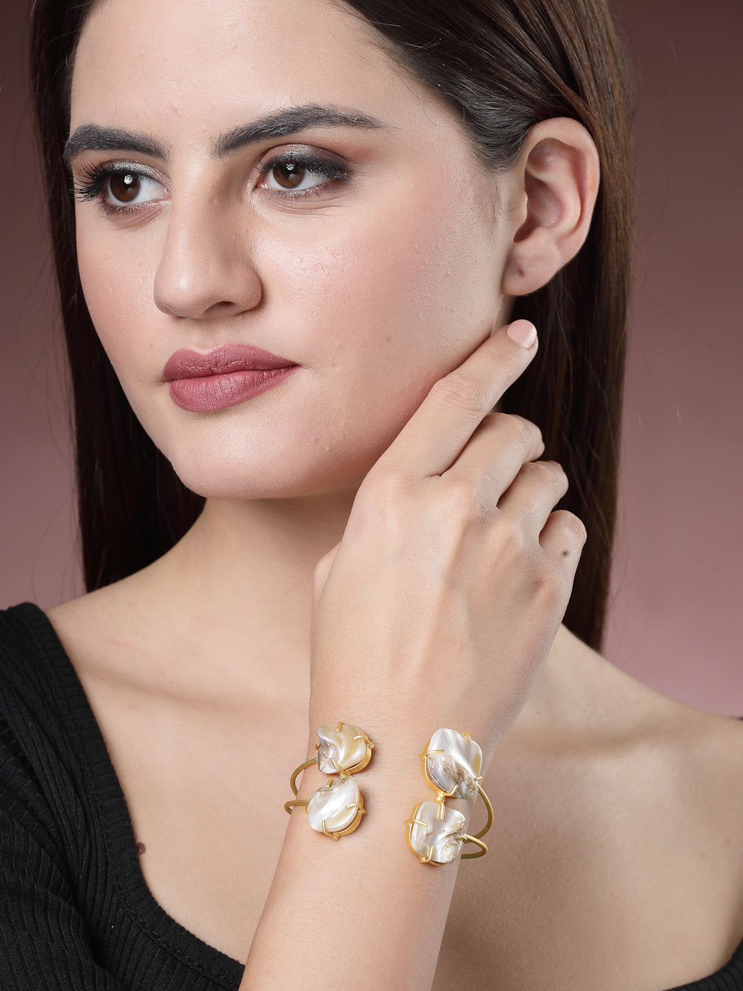 Women Gold-Plated Mother of Pearl Handcrafted Cuff Bracelet