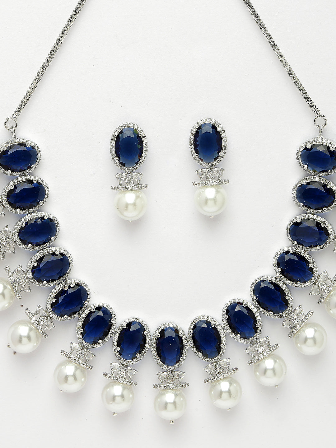 Women Silver-Plated Blue American Diamond Studded Handcrafted Jewellery Set