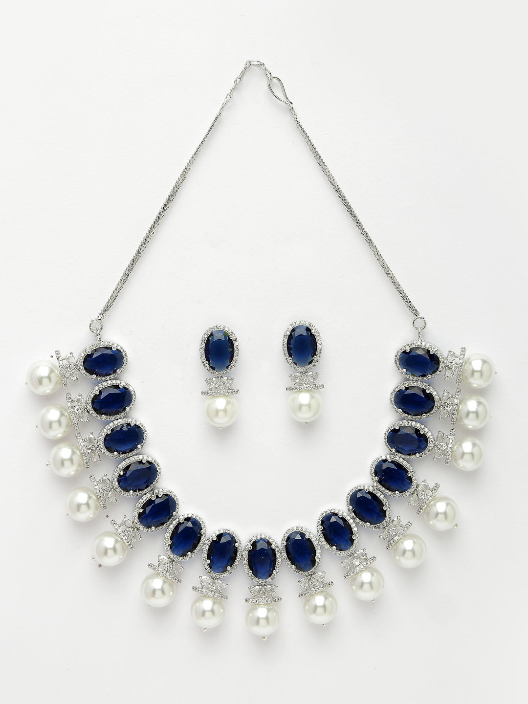 Women Silver-Plated Blue American Diamond Studded Handcrafted Jewellery Set