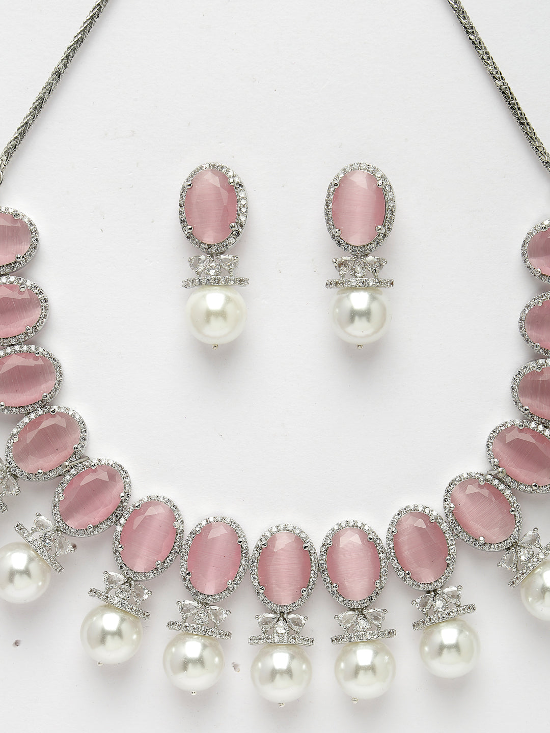Women Silver-Plated Pink American Diamond Studded Handcrafted Jewellery Set