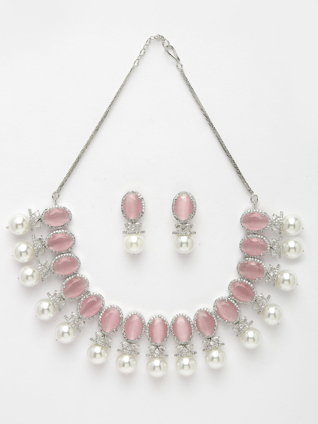 Women Silver-Plated Pink American Diamond Studded Handcrafted Jewellery Set
