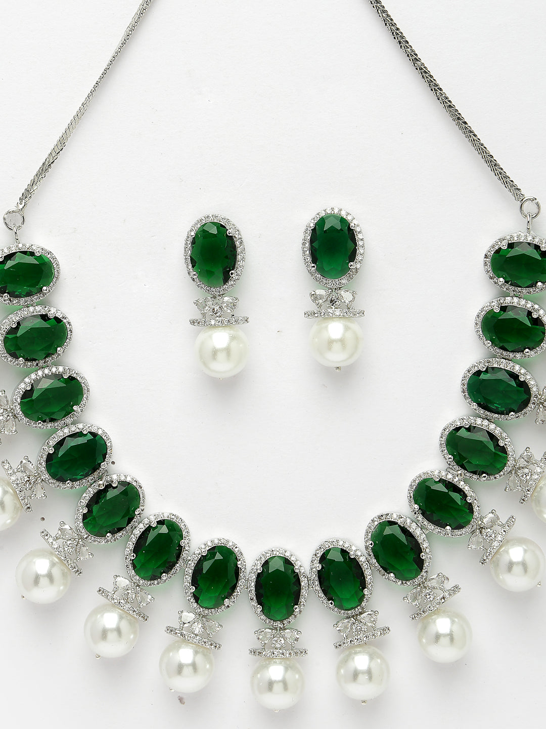 Women Silver-Plated Green American Diamond Studded Handcrafted Jewellery Set