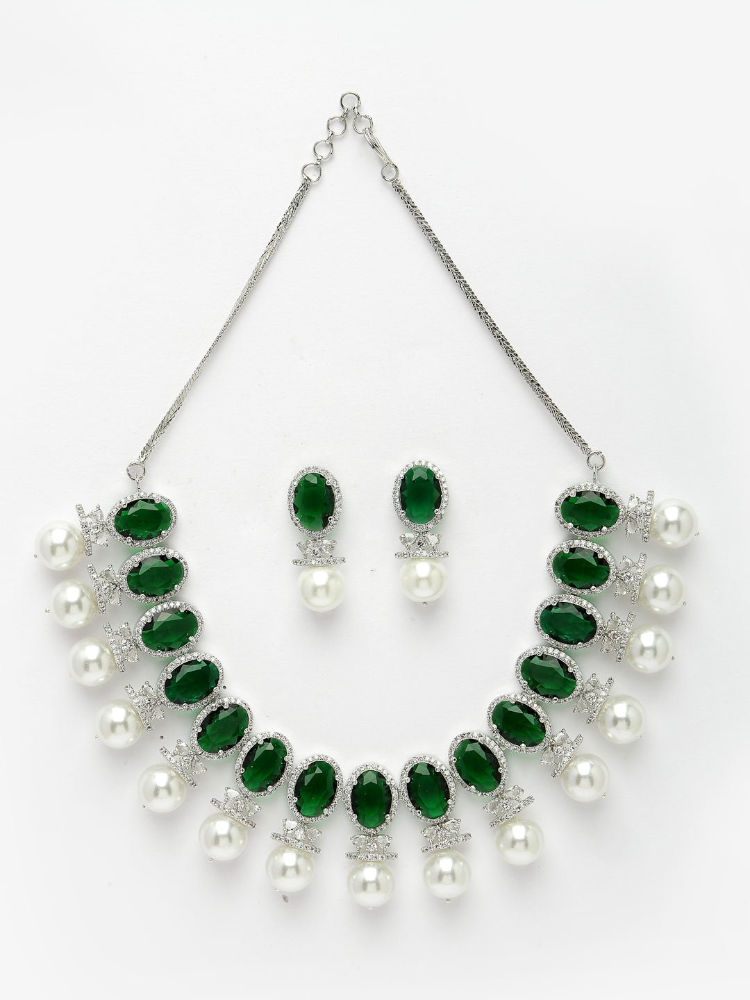 Women Silver-Plated Green American Diamond Studded Handcrafted Jewellery Set