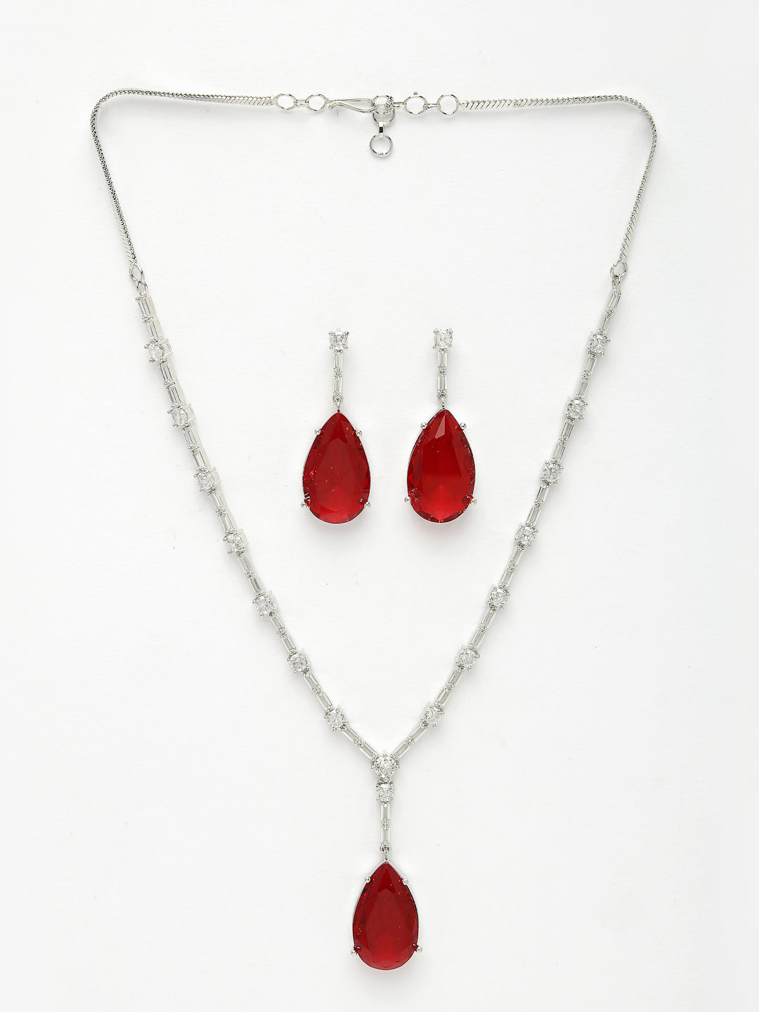Women Silver-Plated Red Artificial Stones Studded Handcrafted Jewellery Set