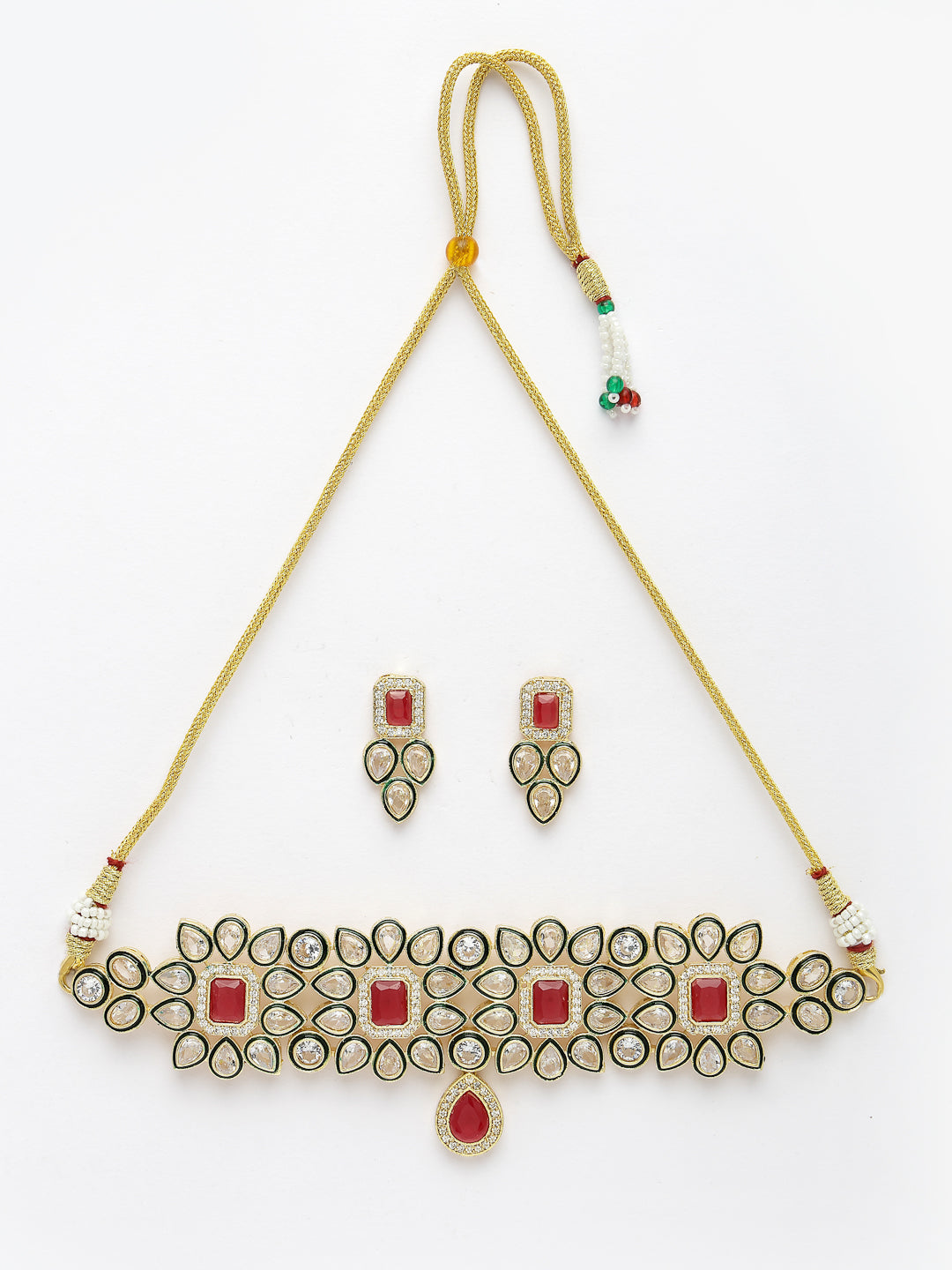 Women Red & Gold Kundan Studded Handcrafted Choker Jewellery Set