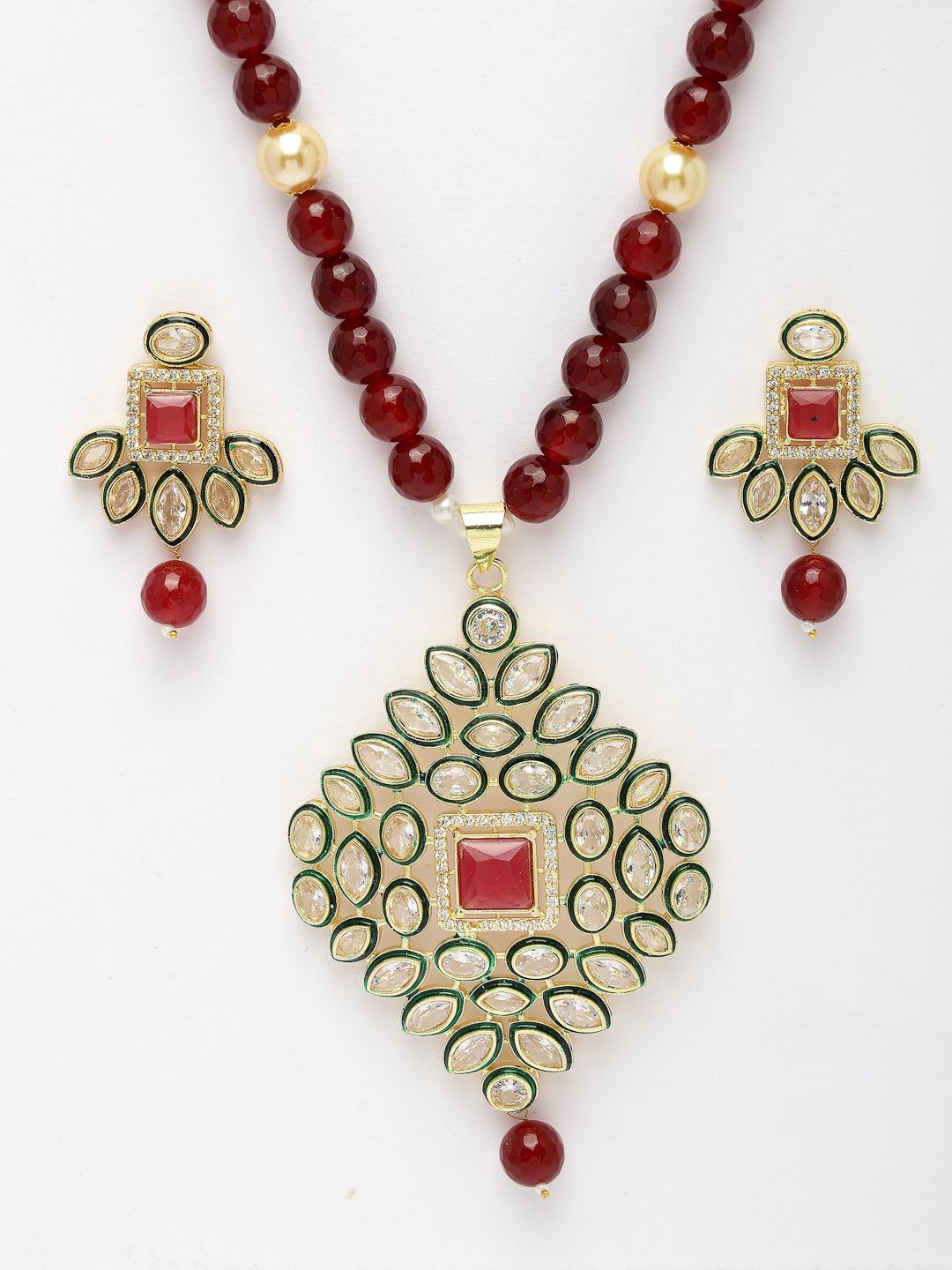 Women Red Kundan-Studded & Beaded Handcrafted Jewellery Set