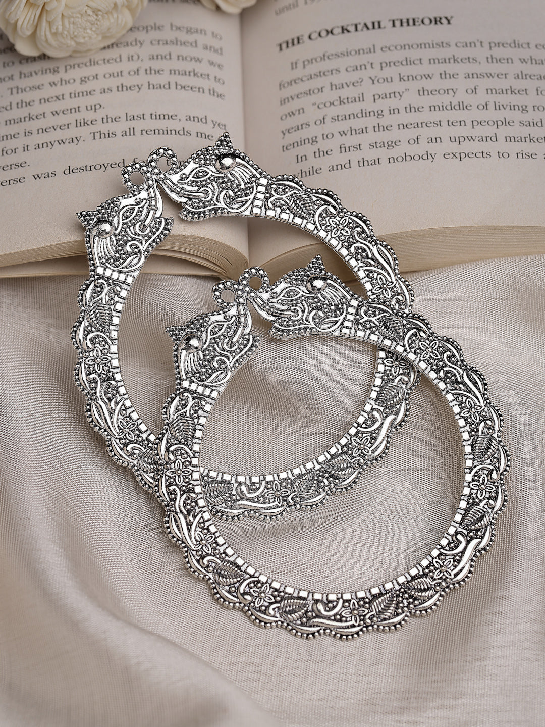 Women Set of 2  Silver-Toned German Silve Oxidised Elephant Design Handcrafted Bangles