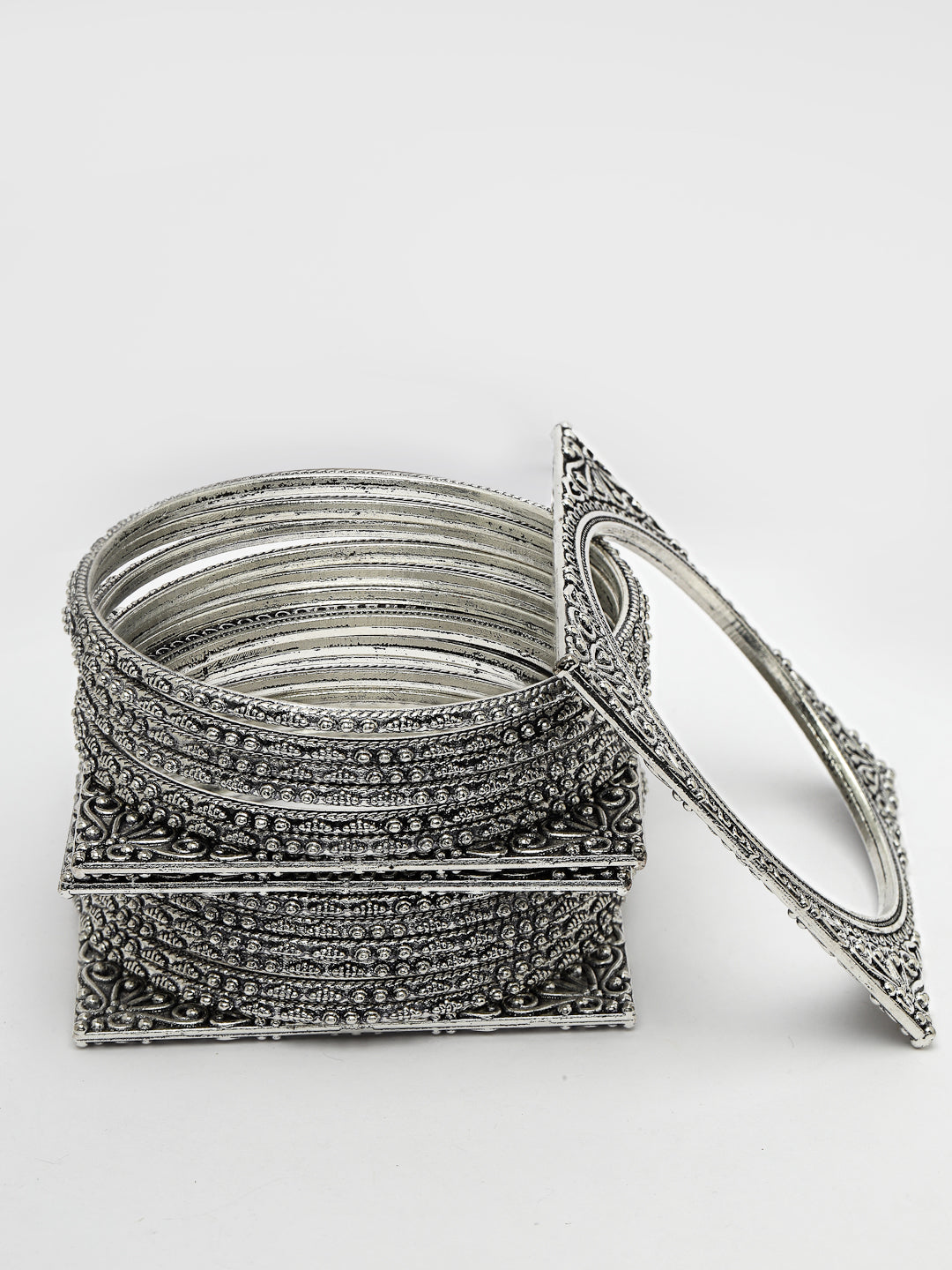 Women Set of 8 Silver-Toned German Silver Oxidised Bangles