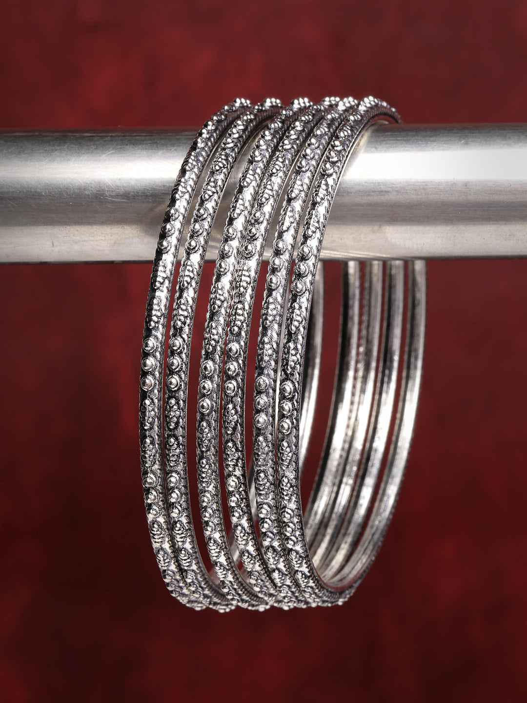 Women Set of 6 Silver-Toned German Silver Oxidised Bangles