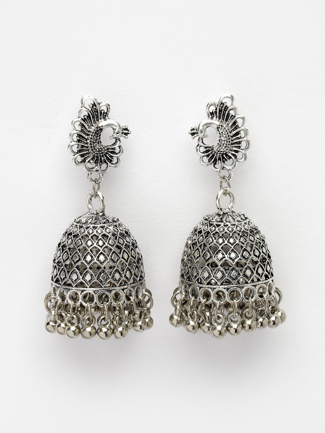 Women Silver-Toned Peacock Design German Silver Oxidised Dome Shaped Jhumka Earrings
