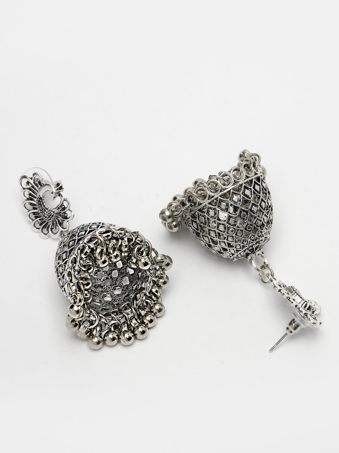 Women Silver-Toned Peacock Design German Silver Oxidised Dome Shaped Jhumka Earrings