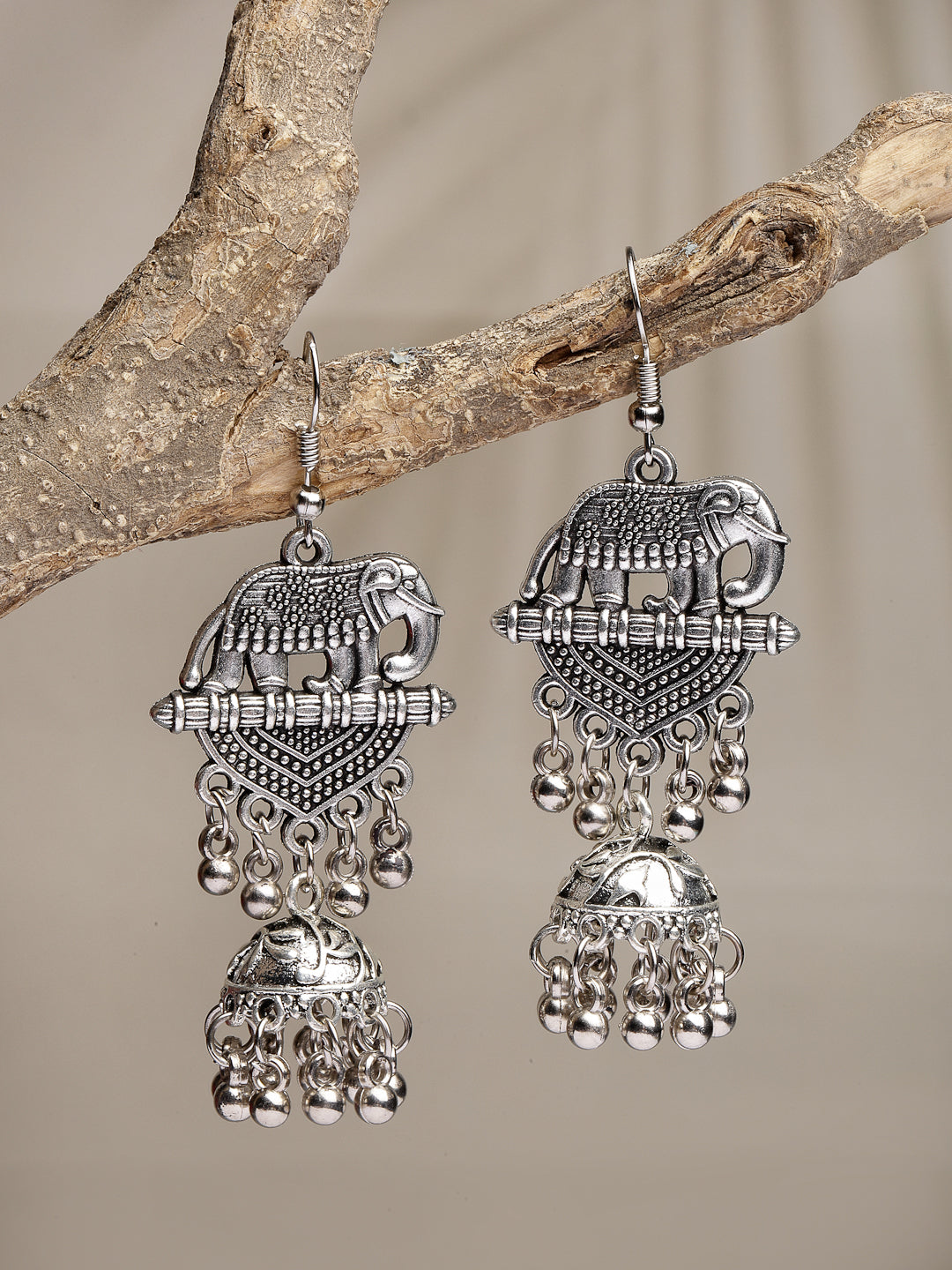 Women Silver-Toned Elephant Design German Silver Oxidised Dome Shaped Jhumka Earrings