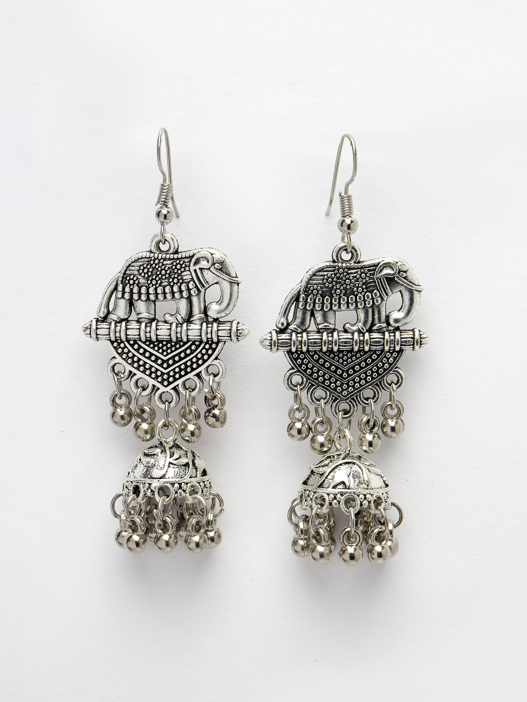 Women Silver-Toned Elephant Design German Silver Oxidised Dome Shaped Jhumka Earrings