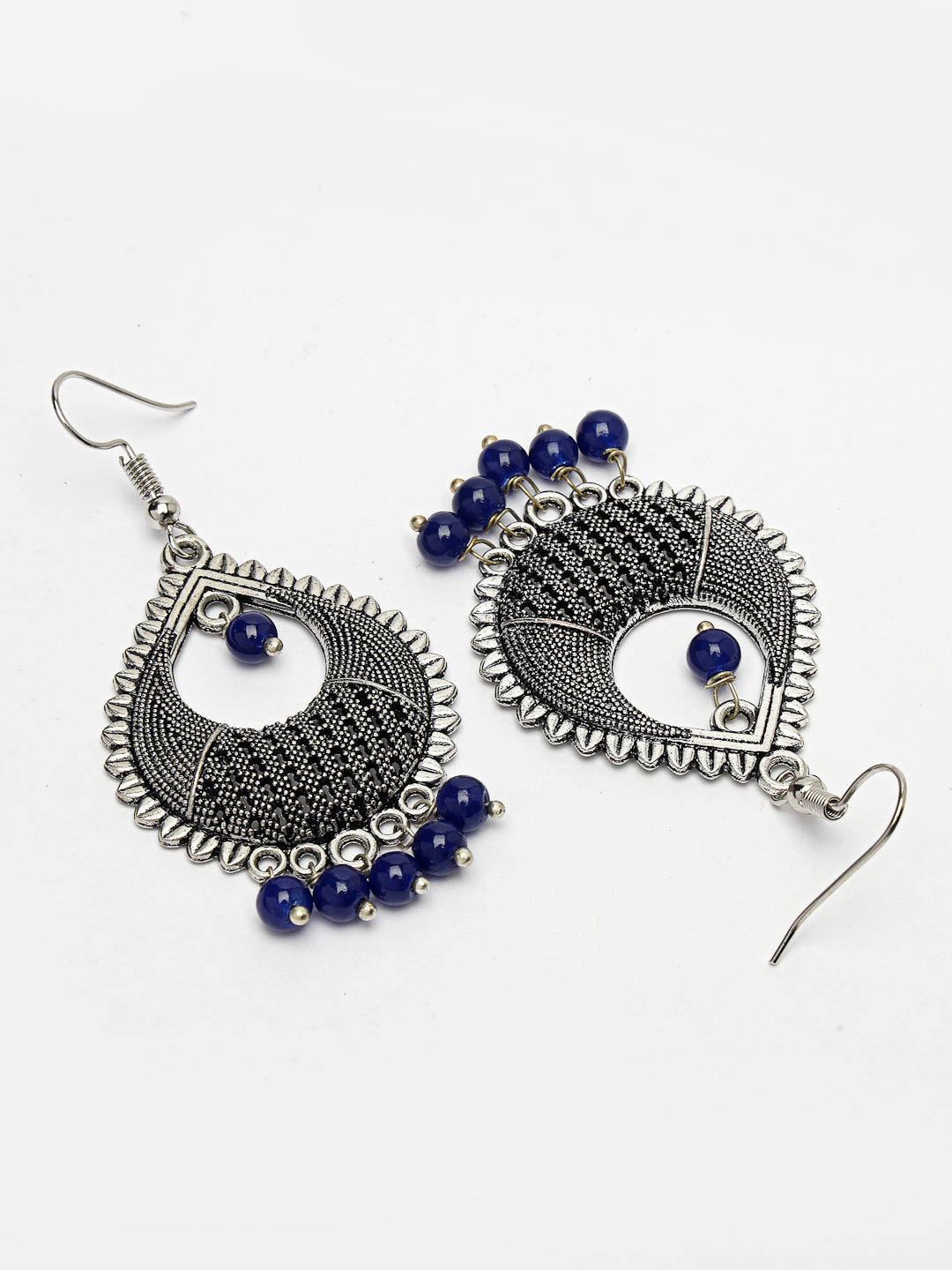Women Silver-Plated Artificial Beads German Silver Oxidised Chandbali Earrings