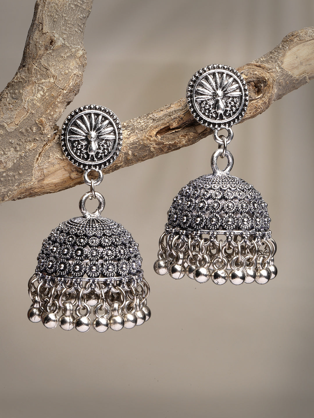 Women Silver-Toned German Silver Oxidised Dome Shaped Jhumka Earrings