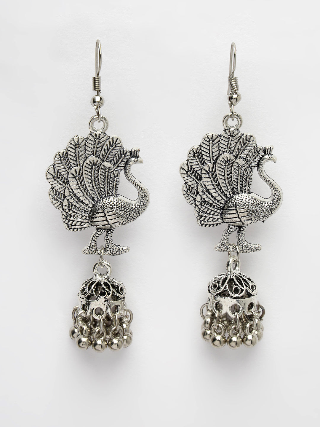 Women Silver-Toned Peacock Desing German Silver Oxidised Dome Shaped Jhumka Earrings