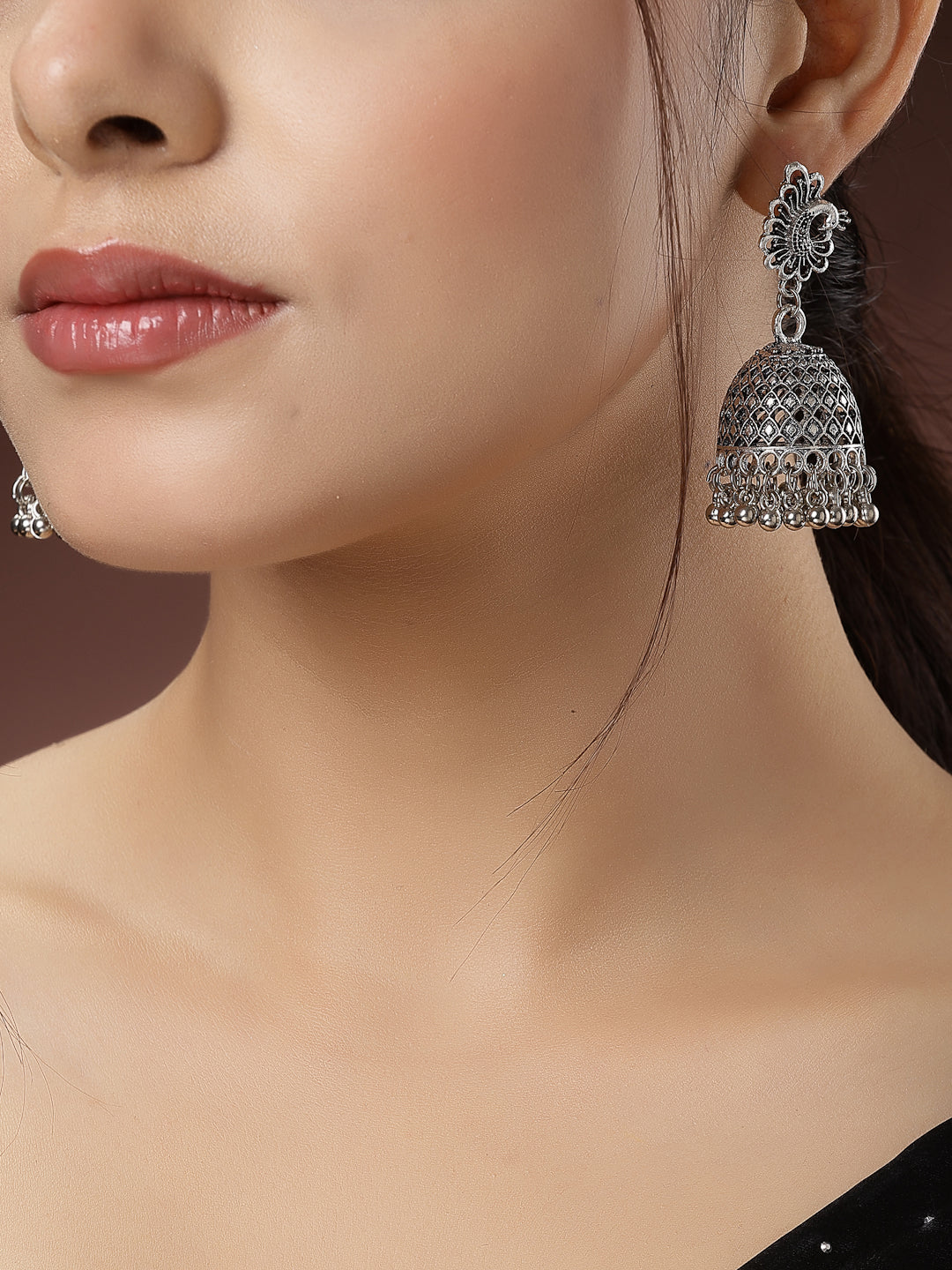 Women Set of 3 Silver-Toned German Silver Oxidised Dome Shaped Jhumka Earrings