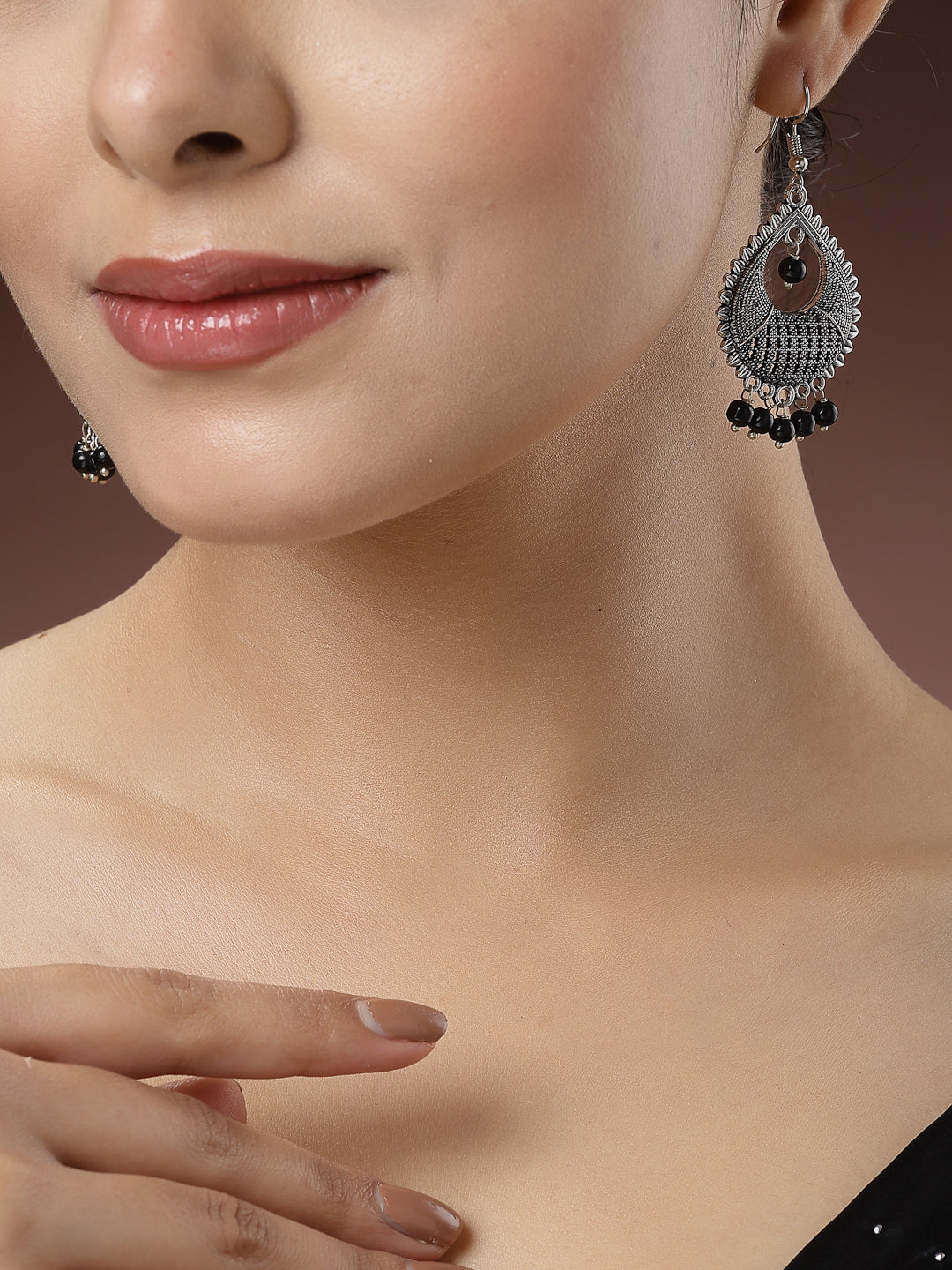 Women Set of 3 Silver-Toned German Silver Oxidised Dome Shaped Jhumka Earrings